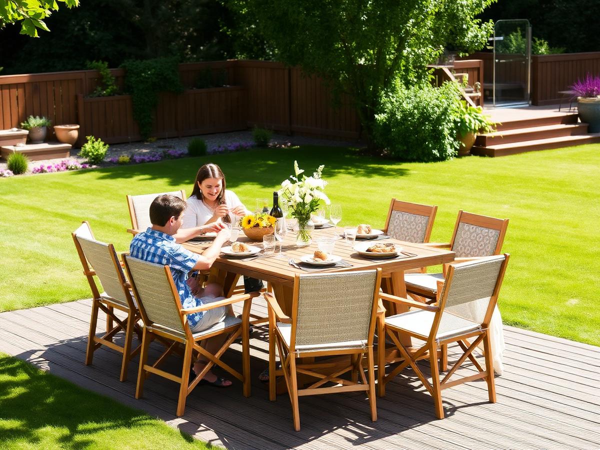 Outdoor dining table set on decking beside a lawn