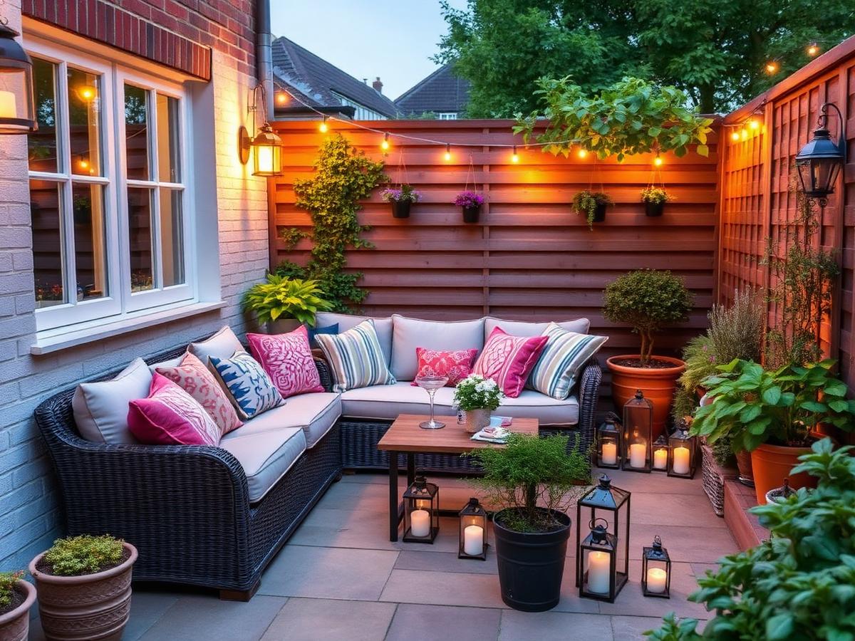Outdoor seating area with cushions and lanterns on a garden terrace