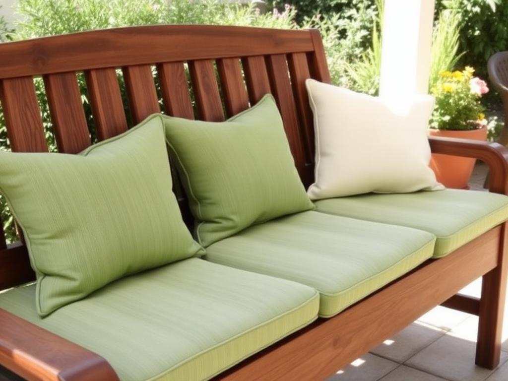 Outdoor cushions on a wooden garden bench
